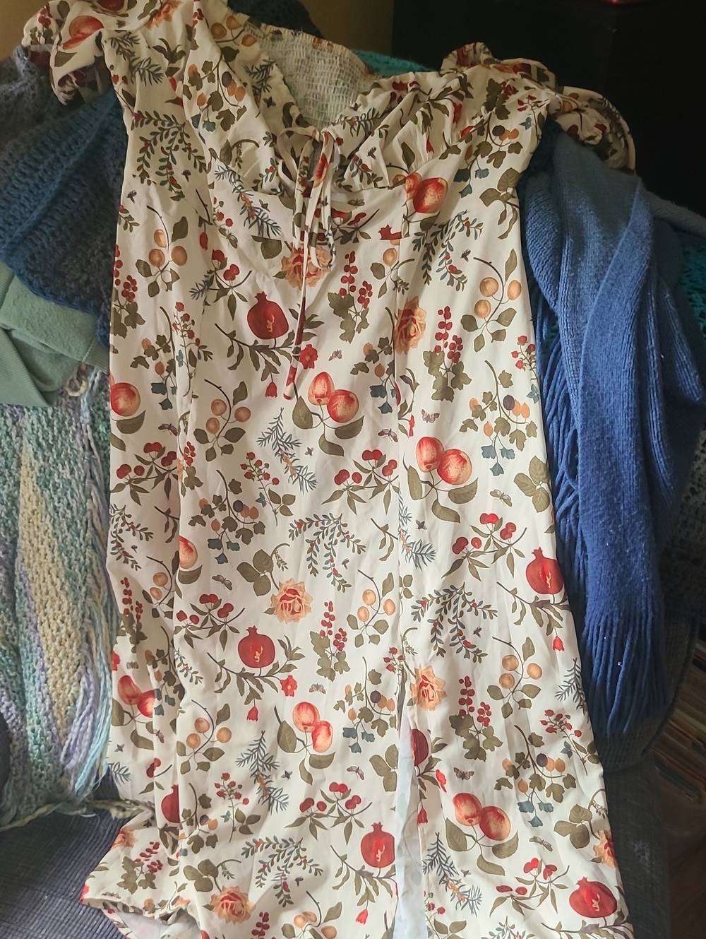 Floral Fruit-Print Cream Summer Dress with Red and Green Accents